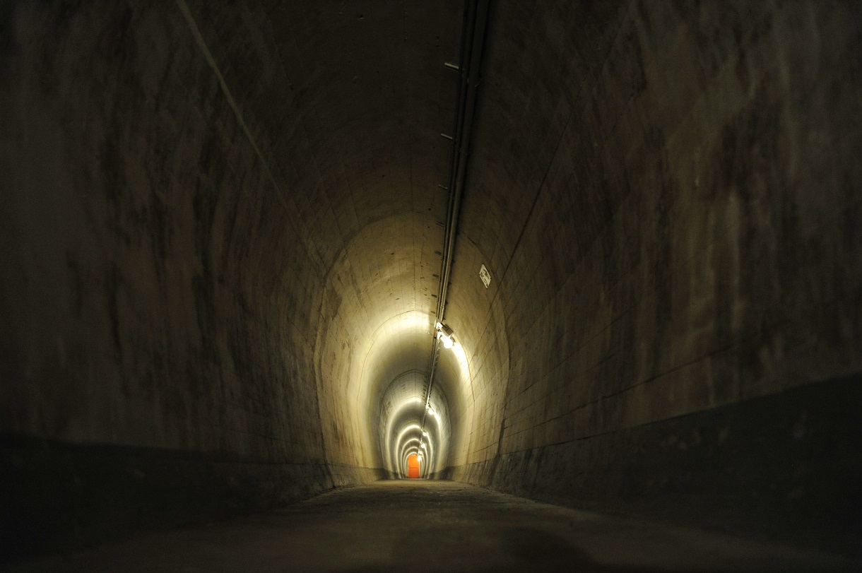 Ein langer Tunnel erstreckt sich von einem dunklen Anfang bis zu einer beleuchteten roten Tür am Ende, die den Eingang zu einem Bunker markiert.